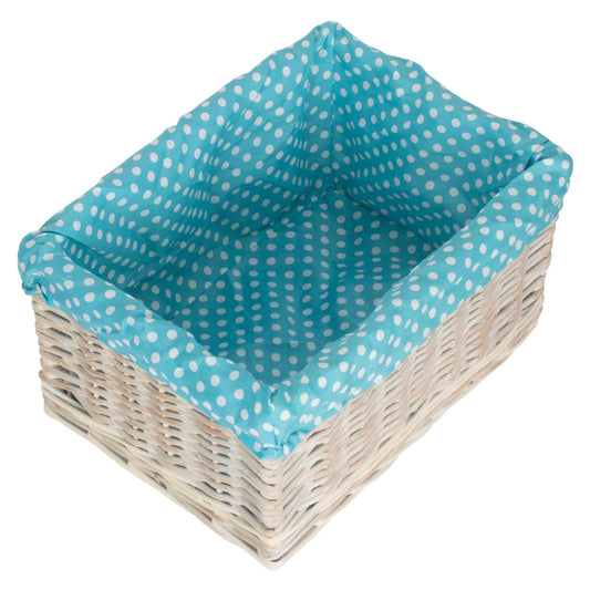 Large White Wash Willow Storage Basket with Blue Spotty Lining