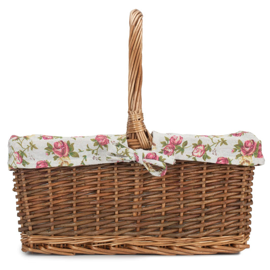 Rectangular Unpeeled Willow Shopper Basket with Garden Rose Lining - Size 3 Large