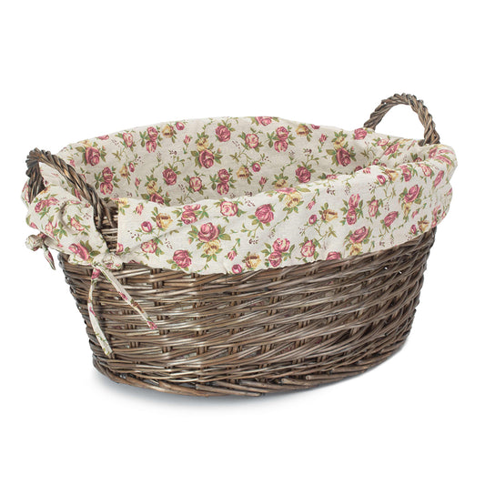 Antique Wash Willow Washing Basket with Garden Rose Lining