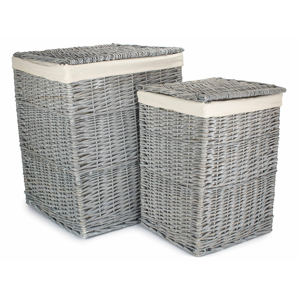 Grey Wash Willow Square Laundry Basket with White Lining Set of 2