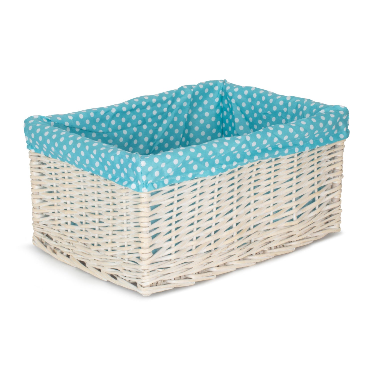 Extra Large White Wash Willow Storage Basket with Blue Spotty Lining