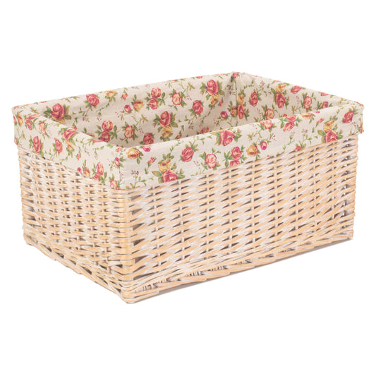 Extra Large White Wash Willow Storage Basket with Garden Rose Lining