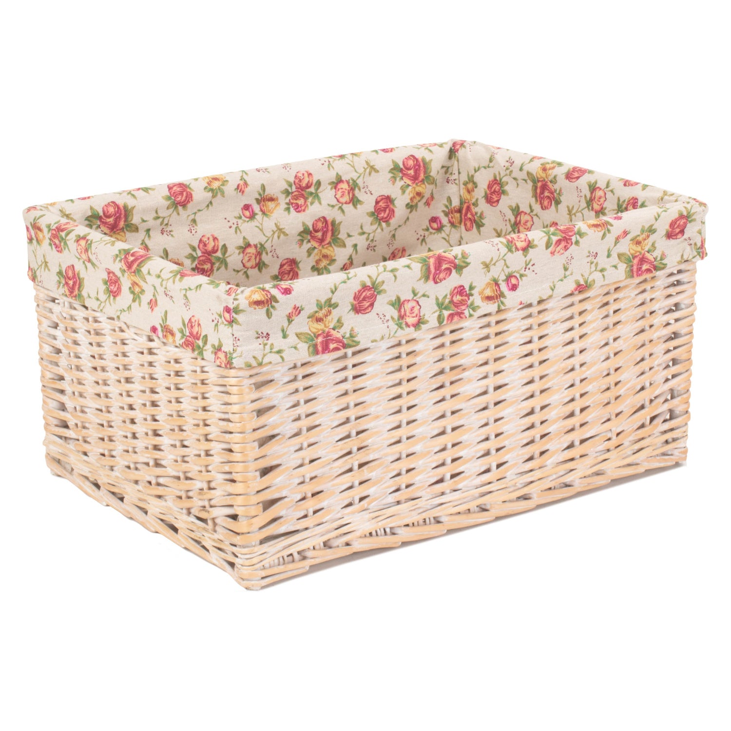 Extra Large White Wash Willow Storage Basket with Garden Rose Lining
