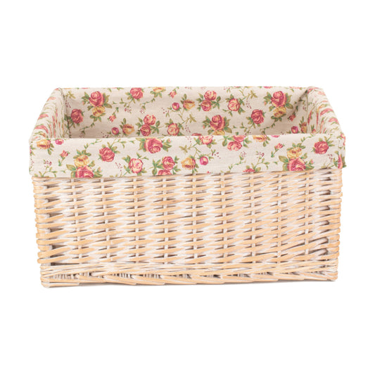 Extra Large White Wash Willow Storage Basket with Garden Rose Lining