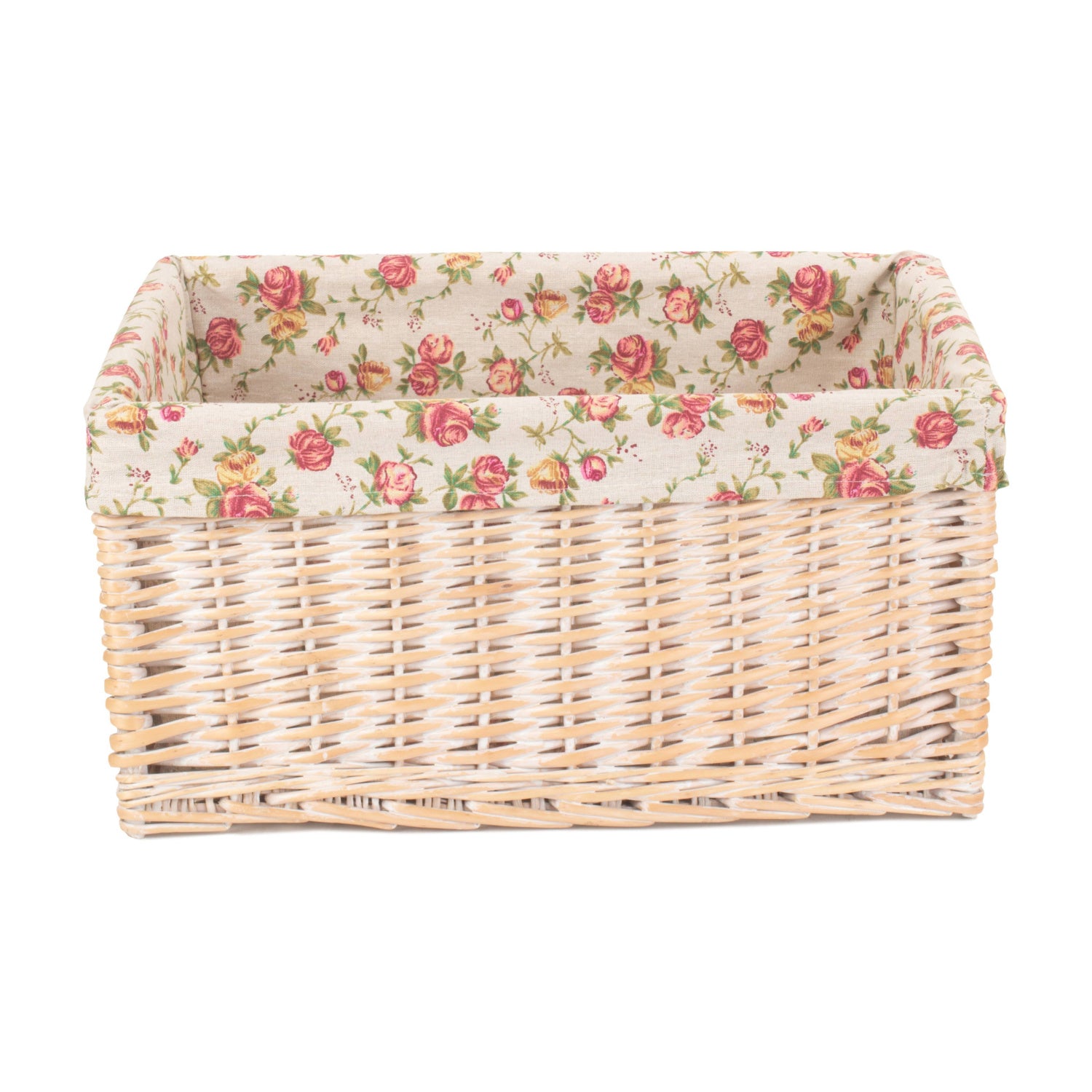 Extra Large White Wash Willow Storage Basket with Garden Rose Lining