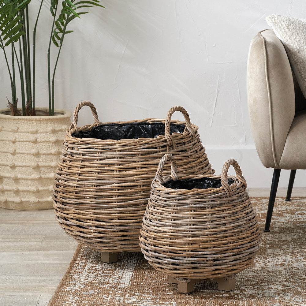 Set of 2 Indoor/Outdoor Grey Kubu Rattan Bulbous Basket Planters
