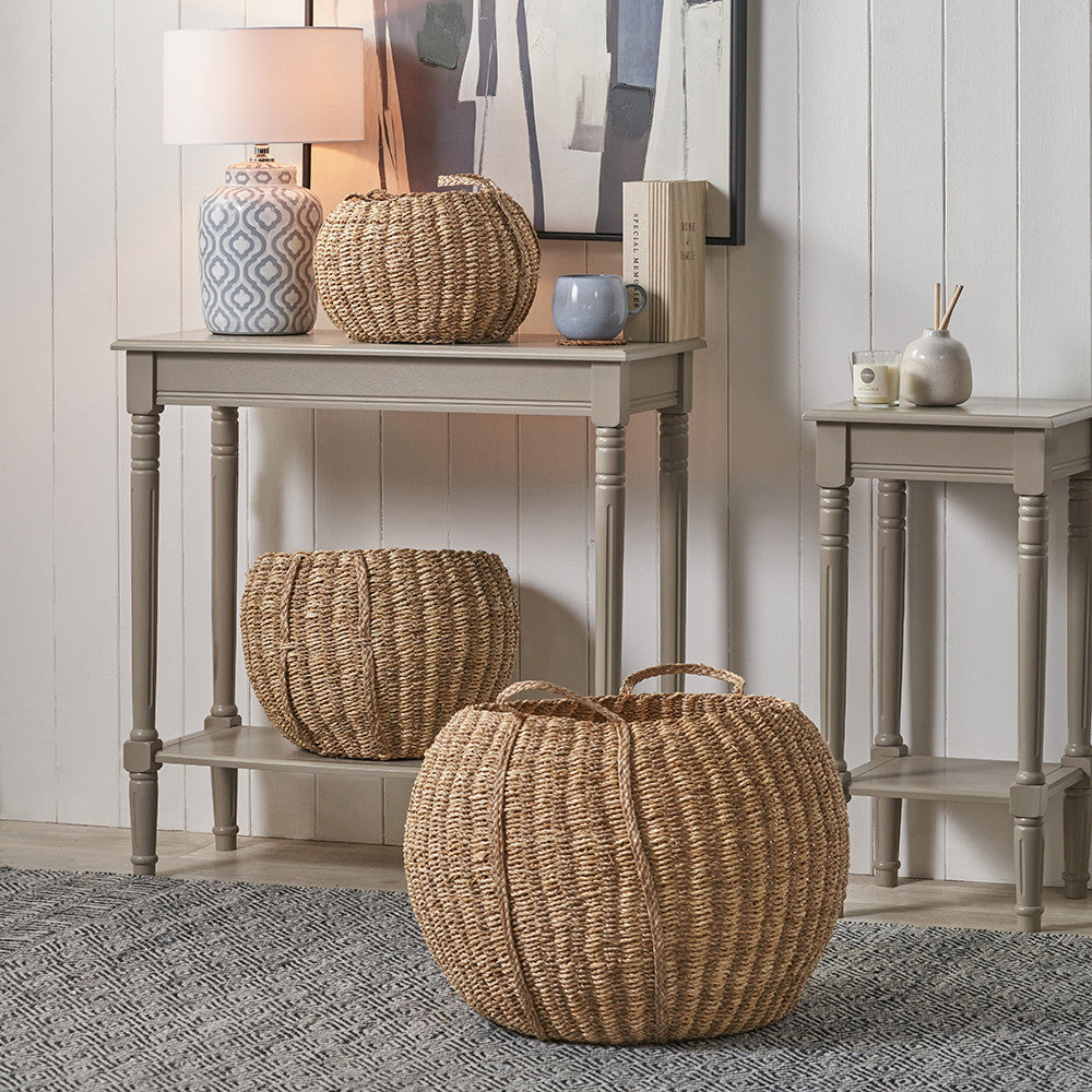 Set of 3 Seagrass and Palm Leaf Natural Striped Round Baskets