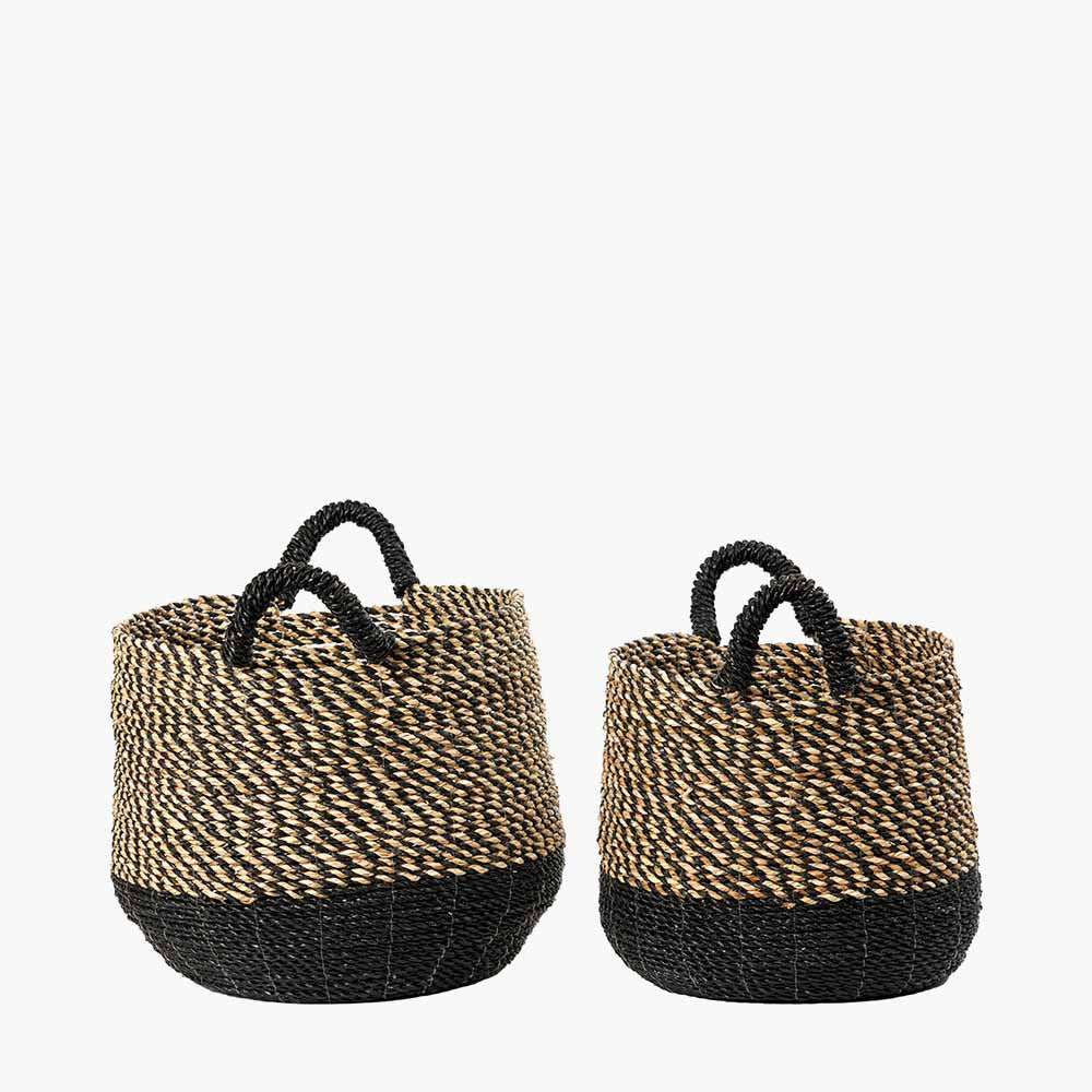Set of 2 Natural and Black Round Handled Seagrass Baskets