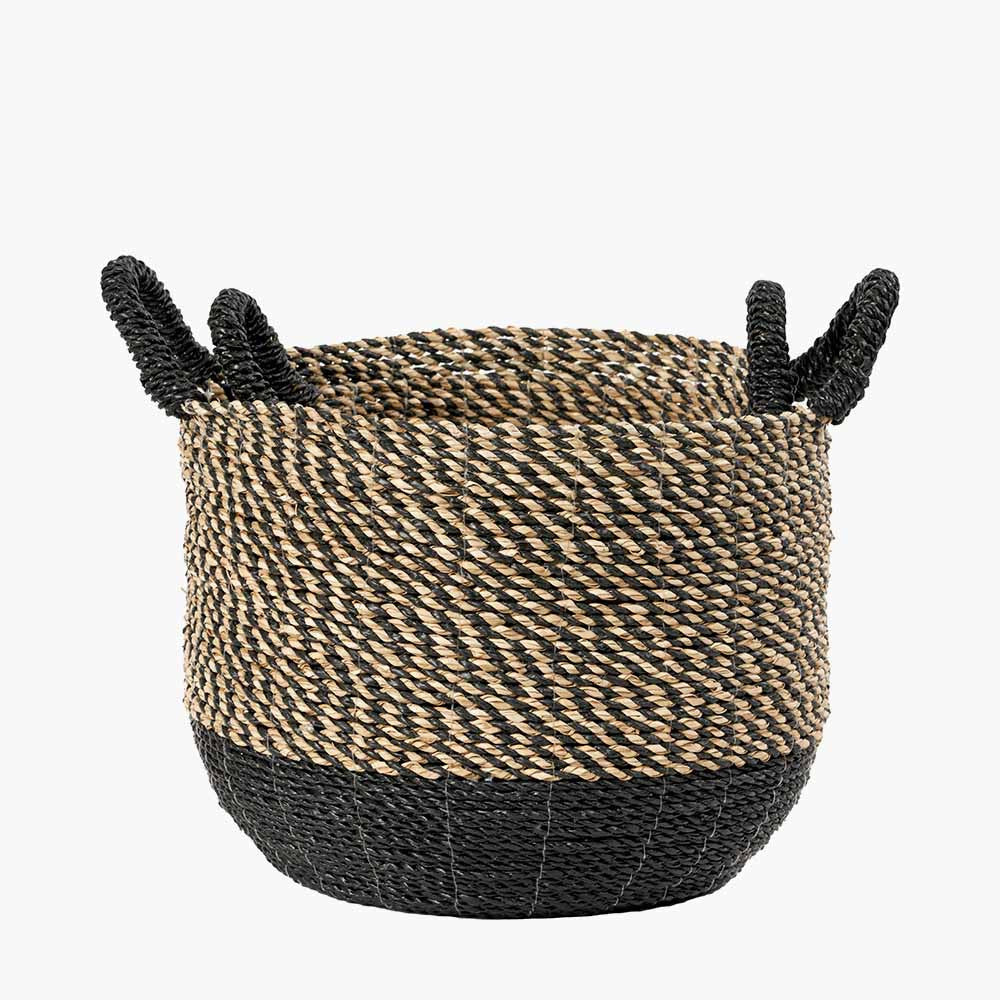 Set of 2 Natural and Black Round Handled Seagrass Baskets