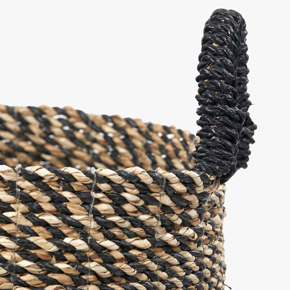 Set of 2 Natural and Black Round Handled Seagrass Baskets