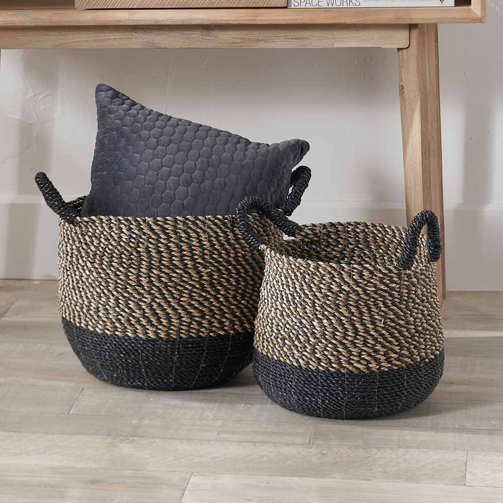 Set of 2 Natural and Black Round Handled Seagrass Baskets