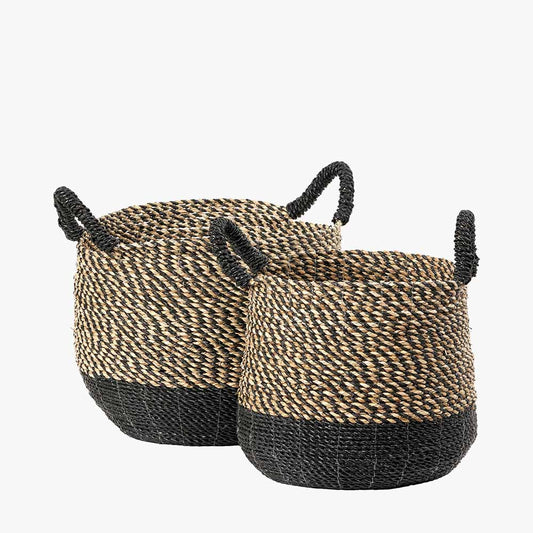 Set of 2 Natural and Black Round Handled Seagrass Baskets