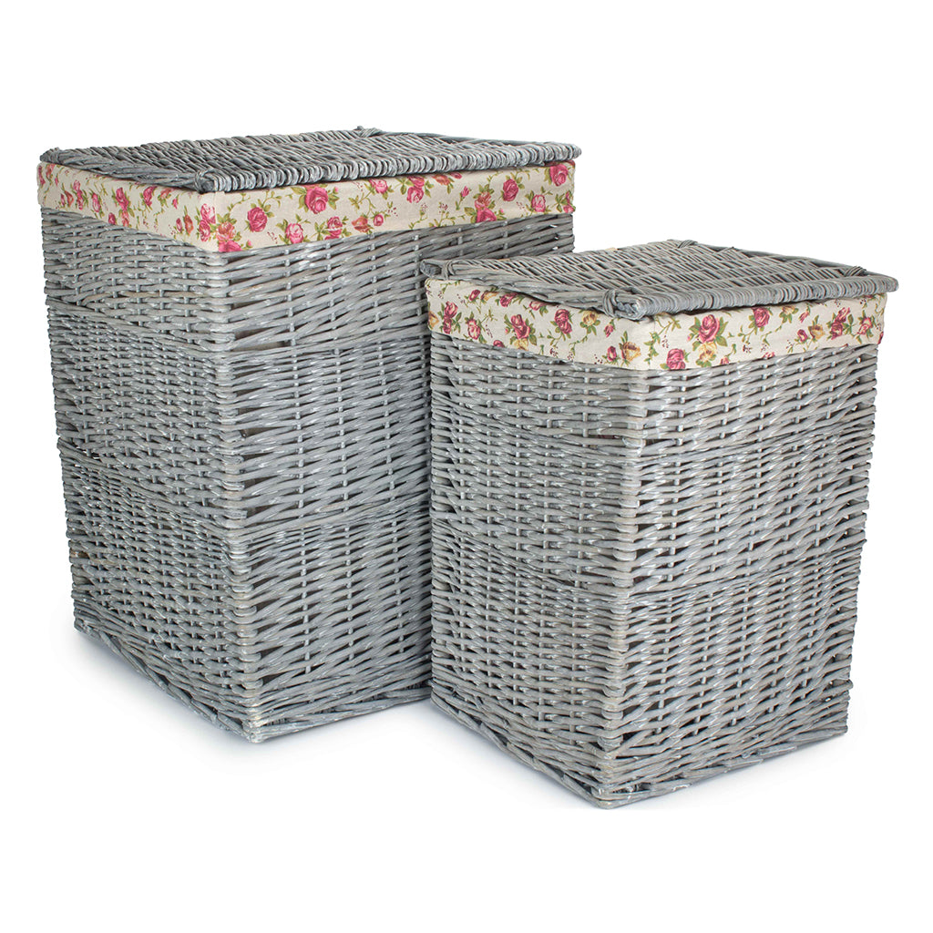 Grey Wash Willow Square Laundry Basket with Garden Rose Lining Set of 2