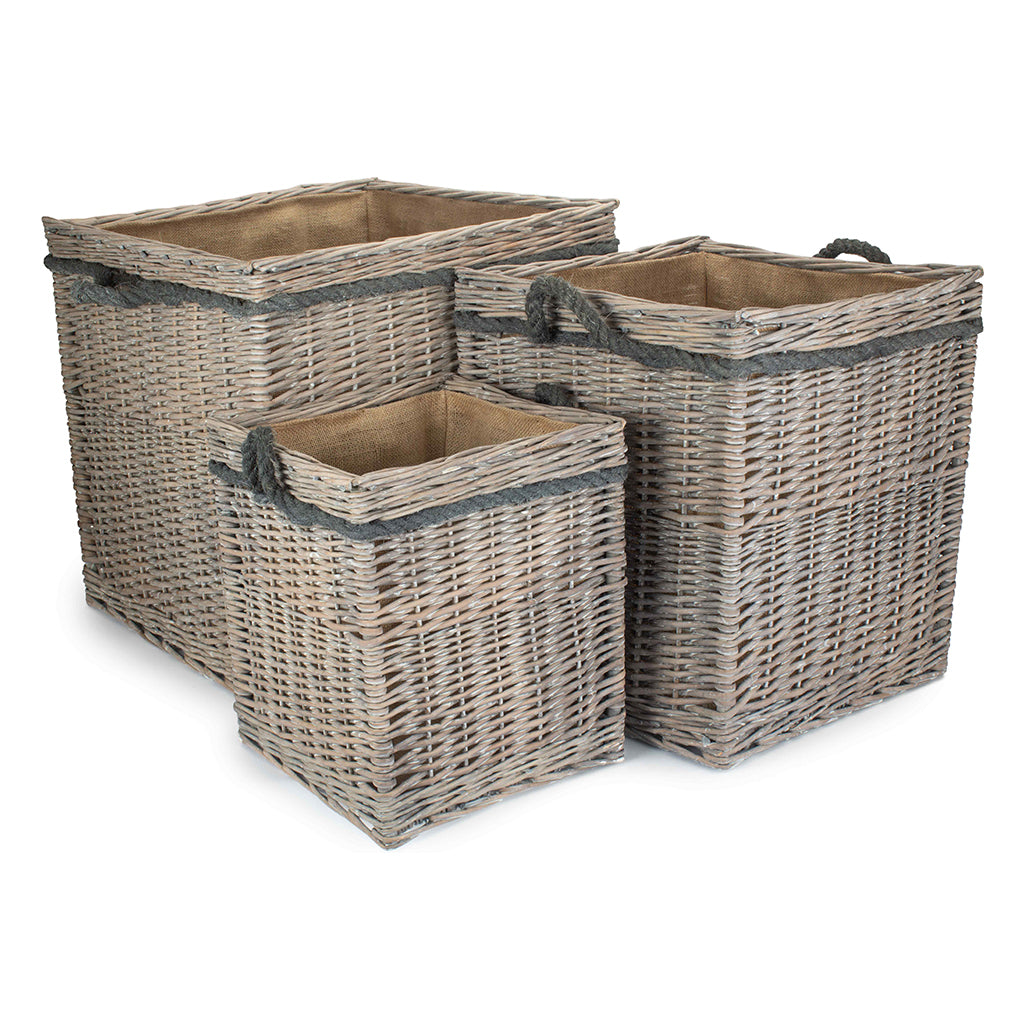 Grey Wash Willow Square Storage Basket Set 3