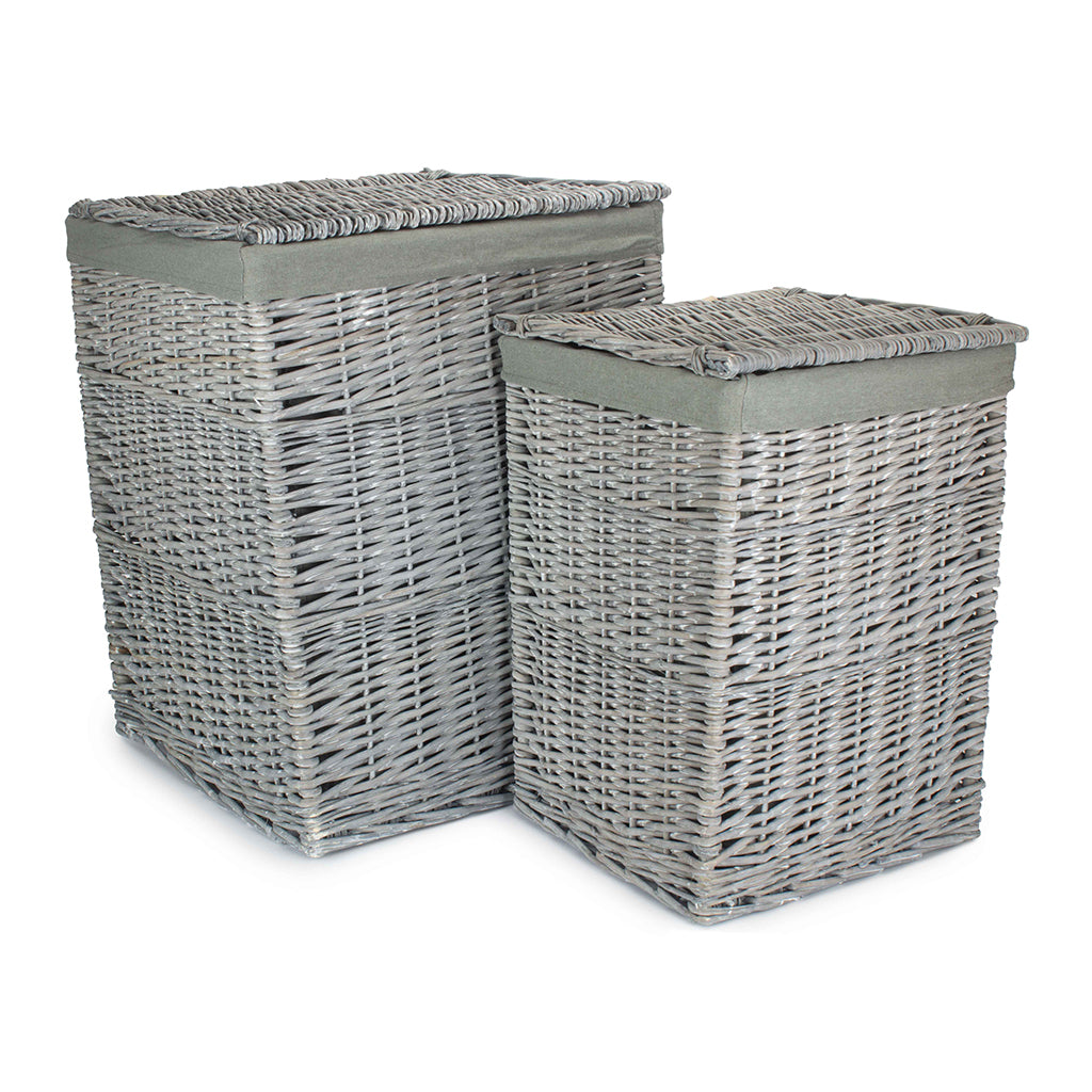 Grey Wash Willow Square Laundry Basket with Grey Sage Lining Set of 2
