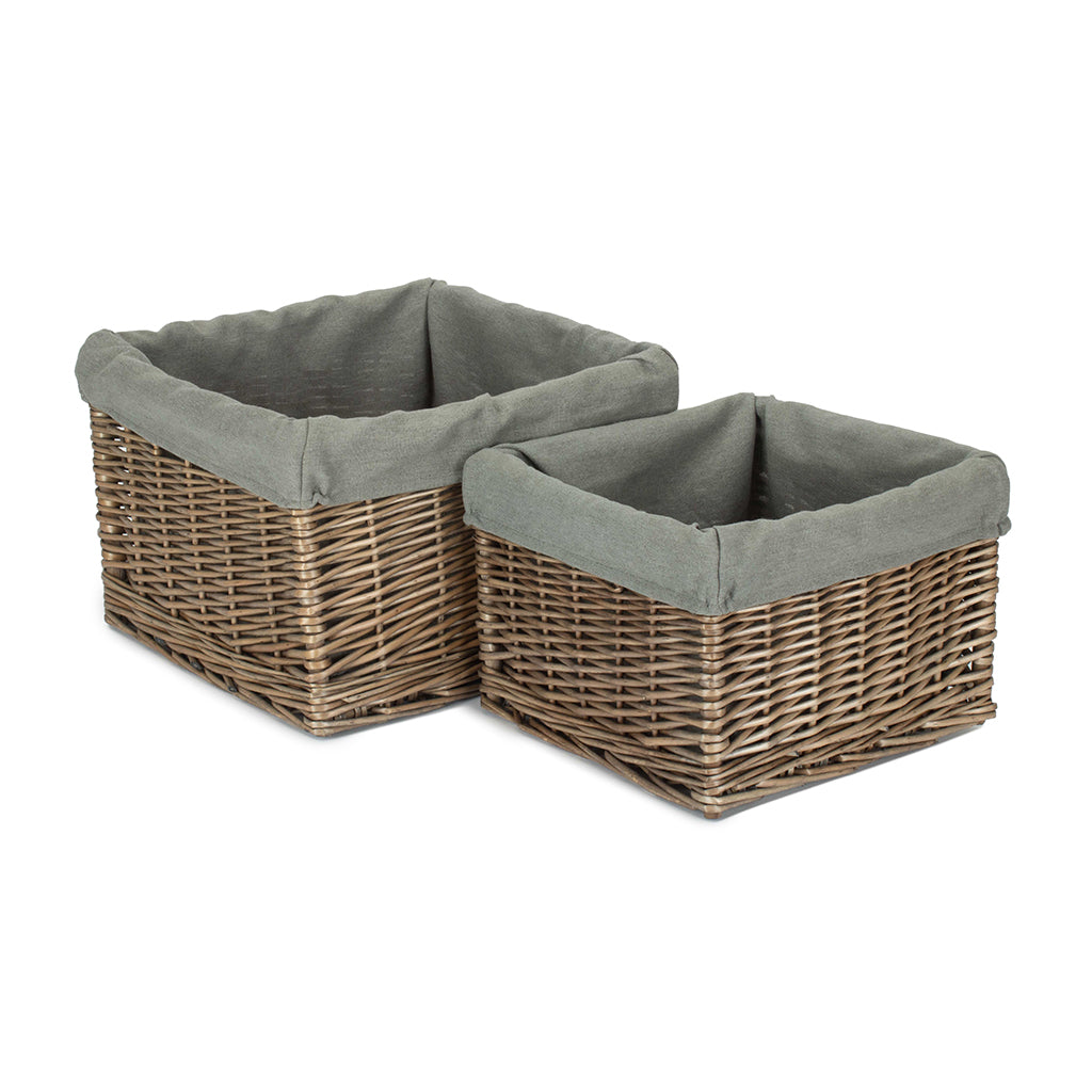 Square Antique Wash Willow Storage Basket with Grey Sage Lining Set 2