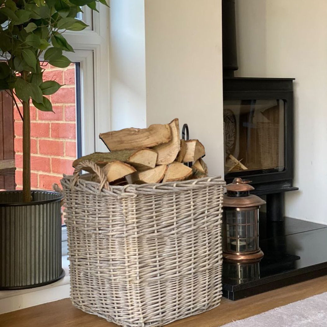 Wovenhill Wicker Grey Wash Square Log Basket with Hoop Handles