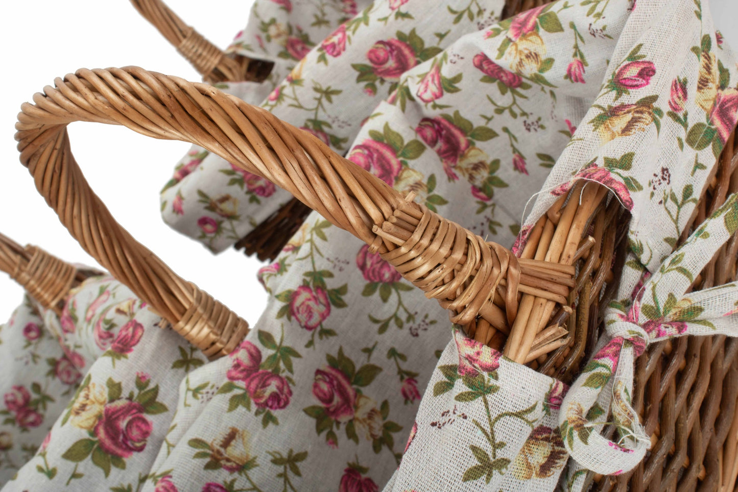 Rectangular Unpeeled Willow Shopper Basket with Garden Rose Lining Set 3