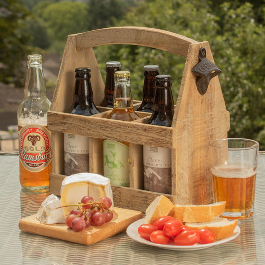 Oak Effect 6 Beer Bottle Carrier With Bottle Opener
