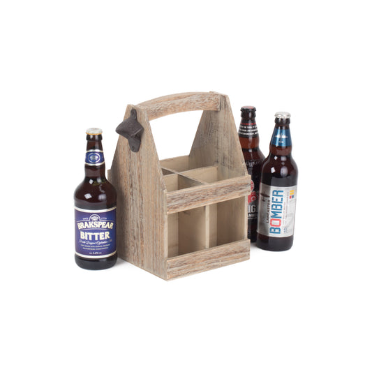 Oak Effect 4 Beer Bottle Carrier With Bottle Opener