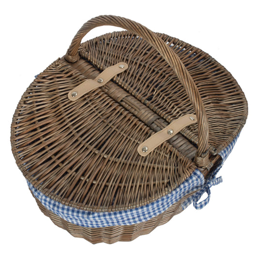 Antique Wash Finish Willow Oval Picnic Basket with Blue & White Checked Lining