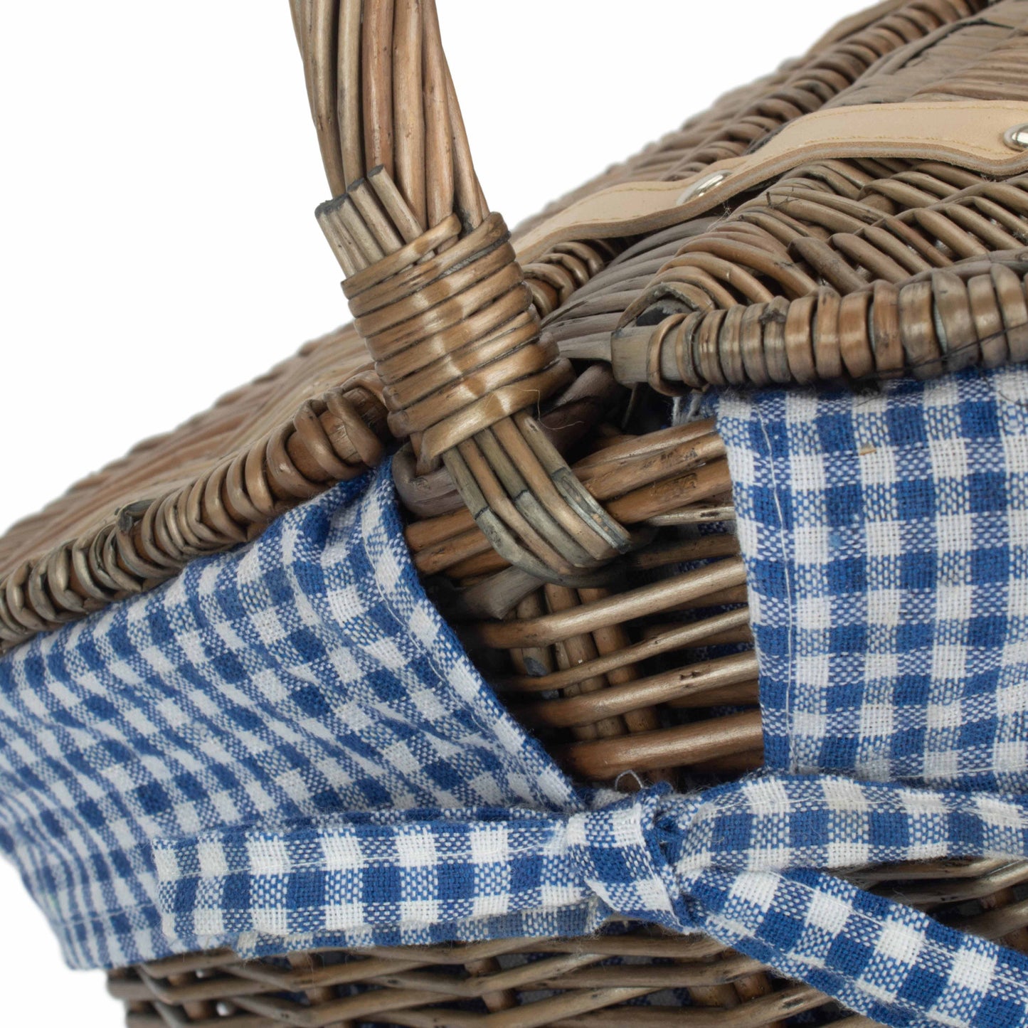 Antique Wash Finish Willow Oval Picnic Basket with Blue & White Checked Lining