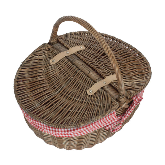 Antique Wash Finish Willow Oval Picnic Basket with Red & White Checked Lining