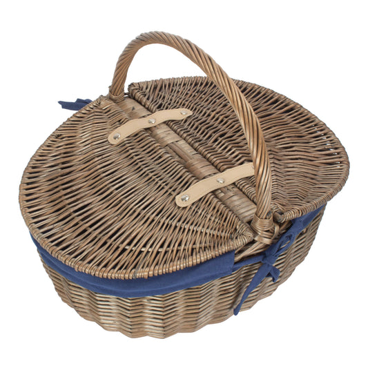 Antique Wash Finish Willow Oval Picnic Basket with Navy Blue Lining