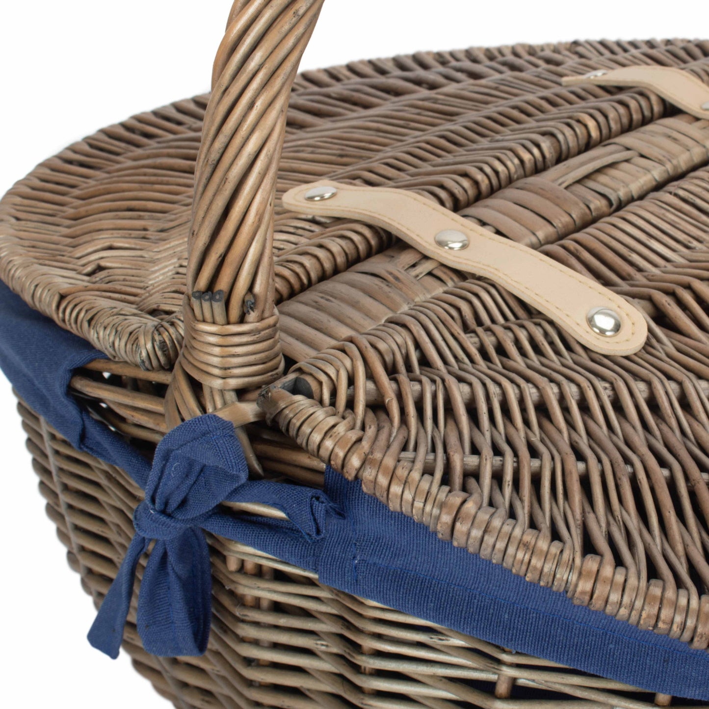 Antique Wash Finish Willow Oval Picnic Basket with Navy Blue Lining