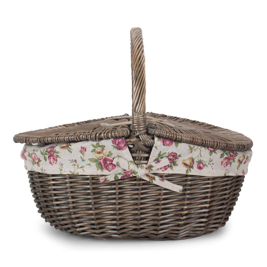 Antique Wash Finish Willow Oval Picnic Basket with Garden Rose Lining