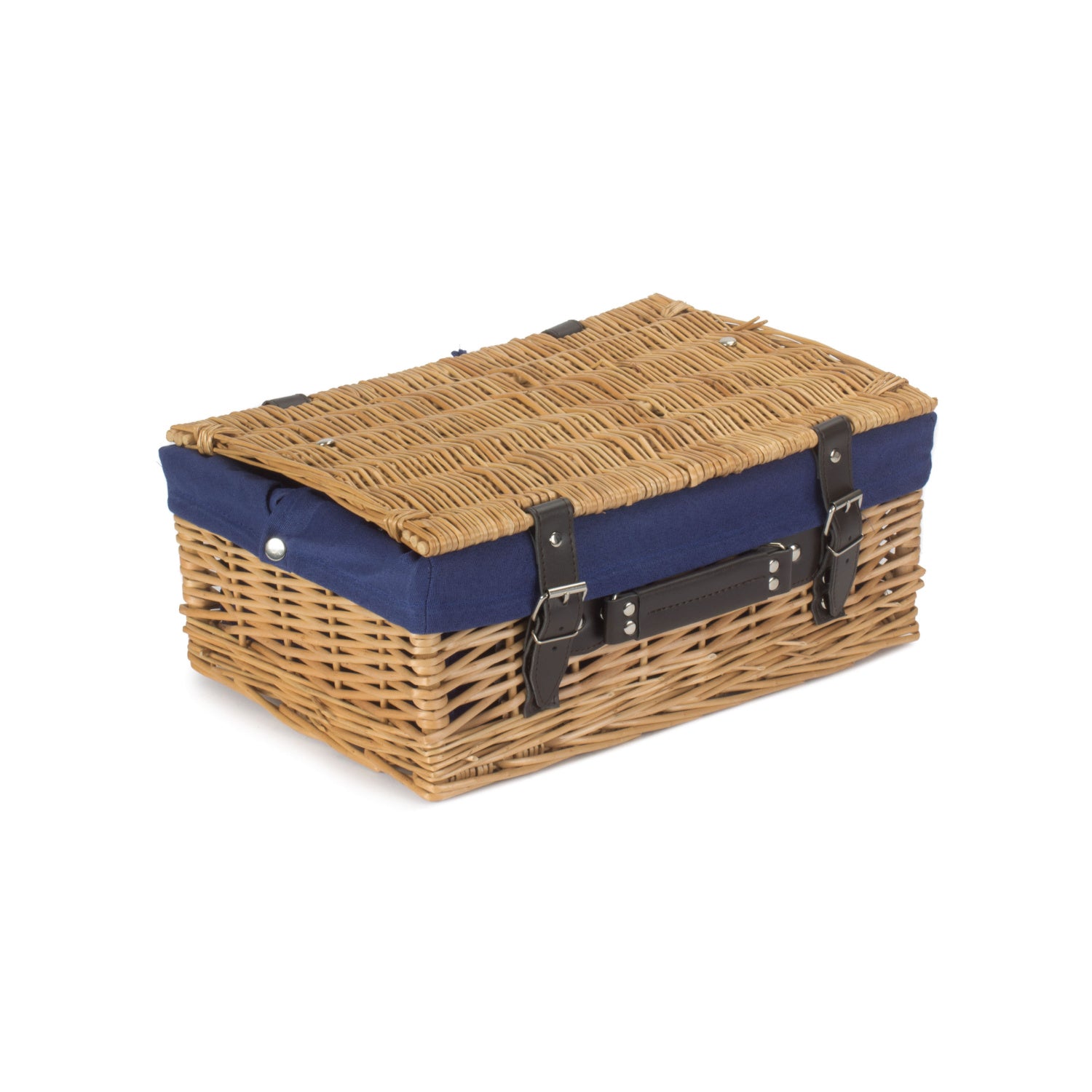 14 Inch Buff Willow Wicker Hamper with Navy Blue Lining