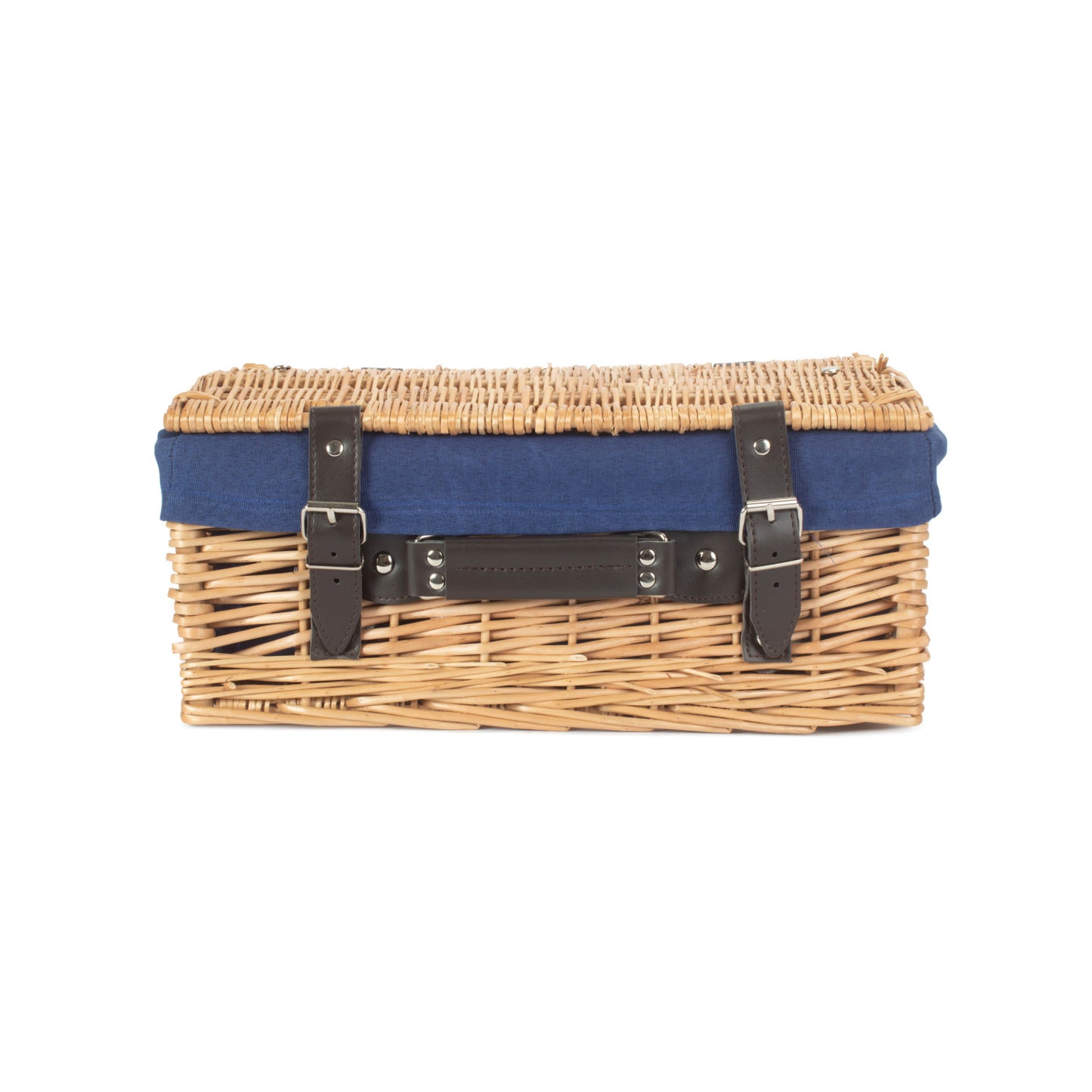 14 Inch Buff Willow Wicker Hamper with Navy Blue Lining