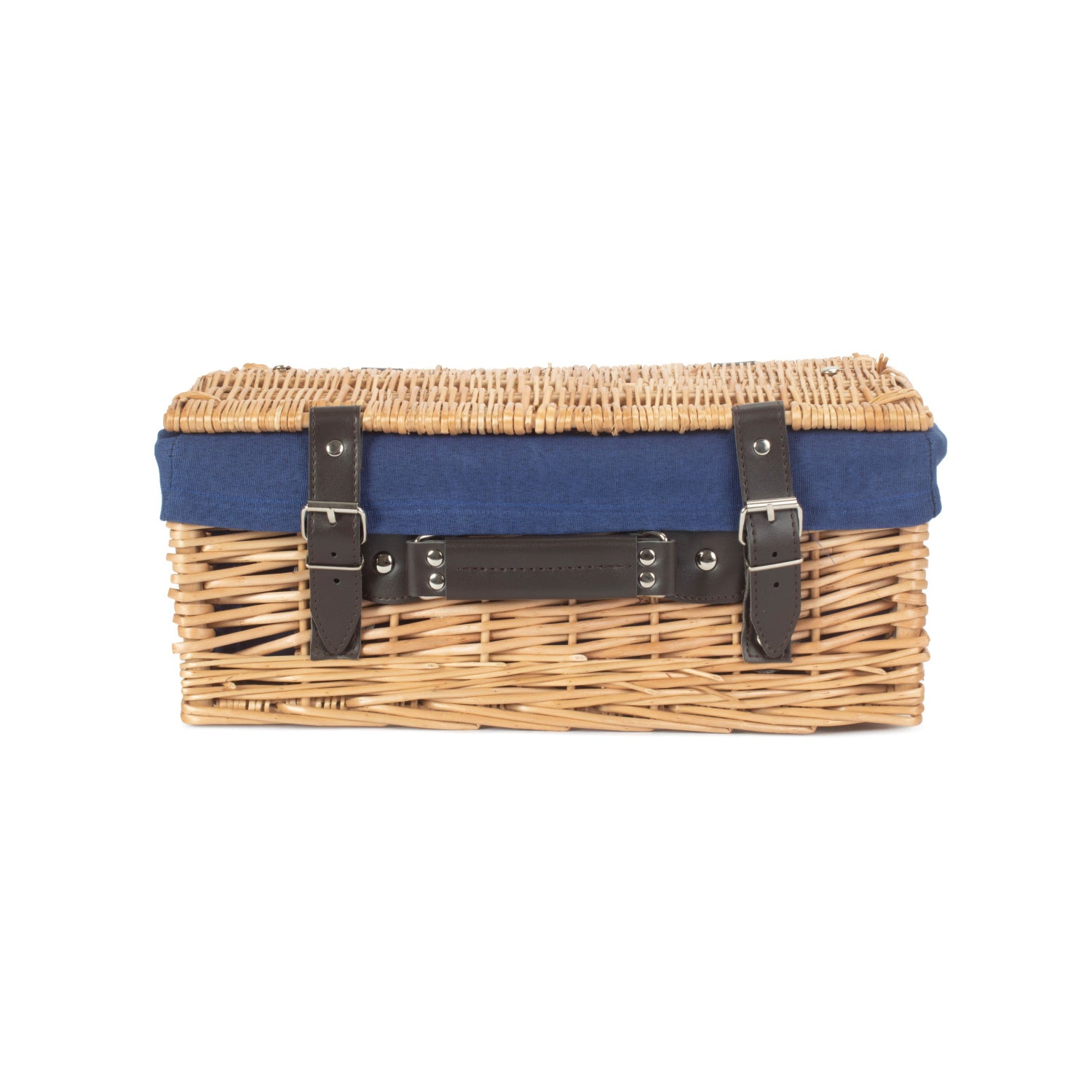 14 Inch Buff Willow Wicker Hamper with Navy Blue Lining