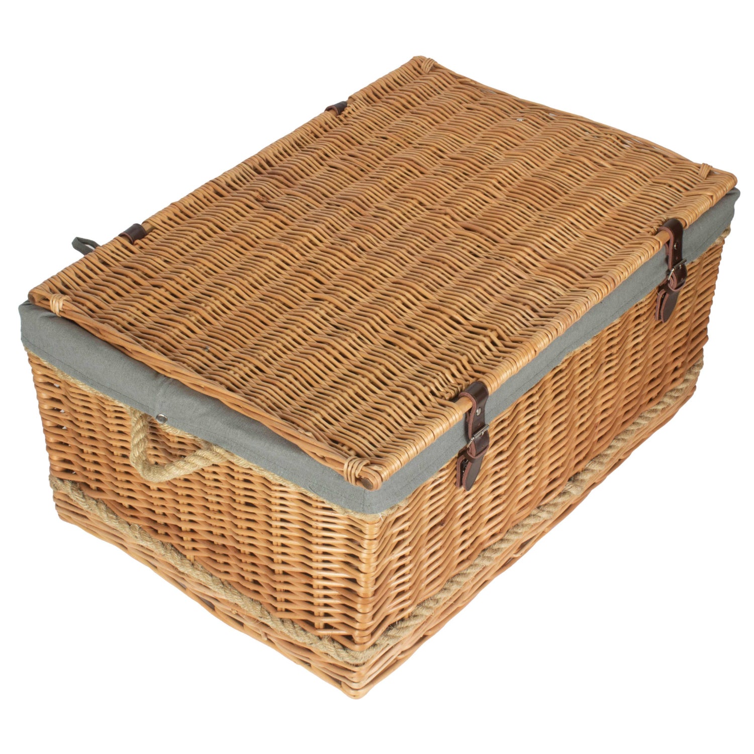 28 Inch Rope Handled Willow Hamper Trunk with Grey Sage Lining