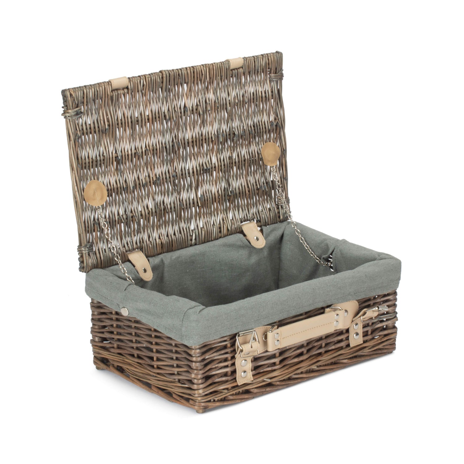 14 Inch Antique Wash Willow Hamper with Grey Sage Lining