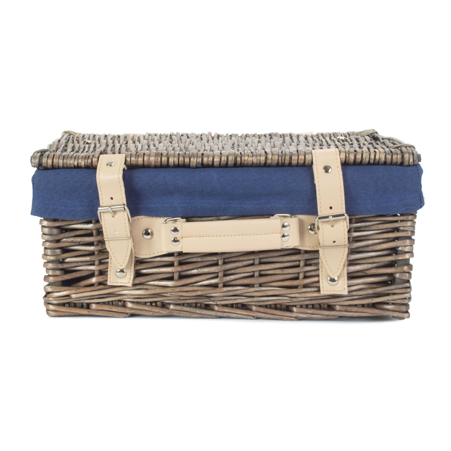 14 Inch Antique Wash Willow Hamper with Navy Blue Lining
