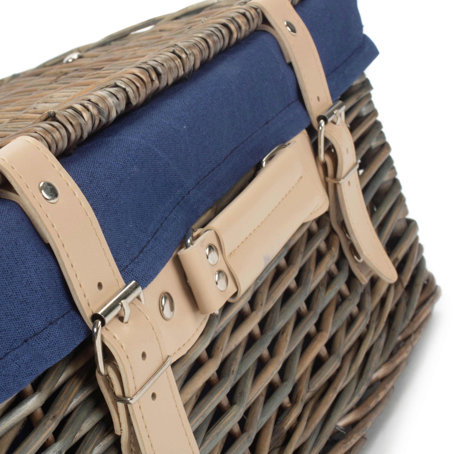 16 Inch Antique Wash Willow Hamper with Navy Blue Lining