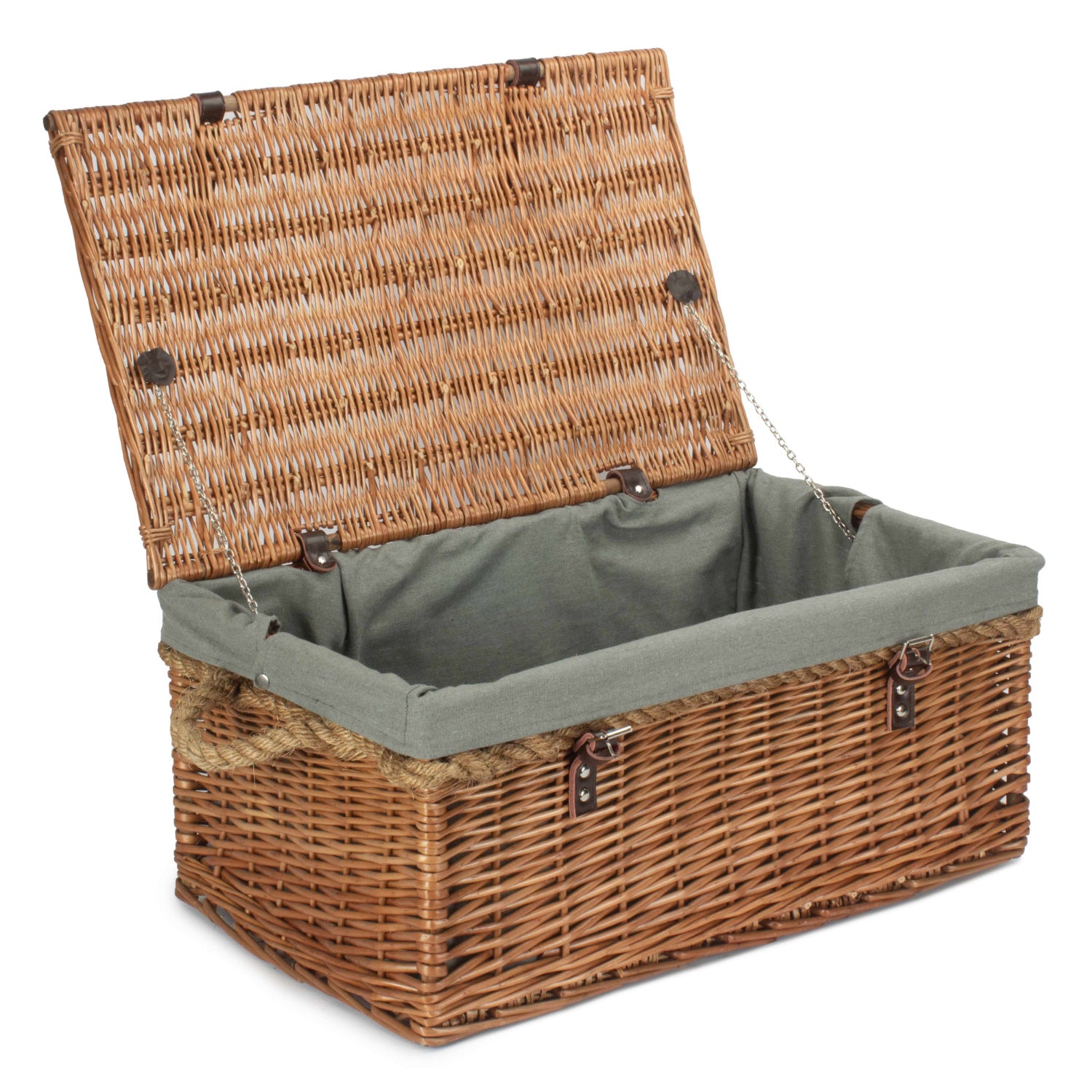 24 Inch Double Steamed Willow Rope Handled Trunk with Grey Sage Lining