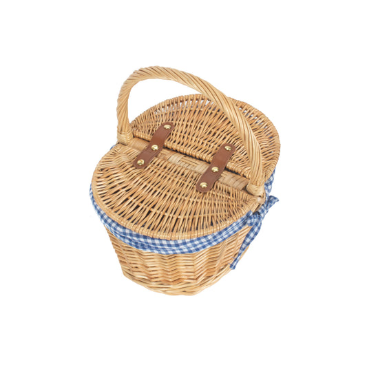 Child's Oval Lined Lidded Willow Picnic Hamper Basket with Blue & White Checked Lining