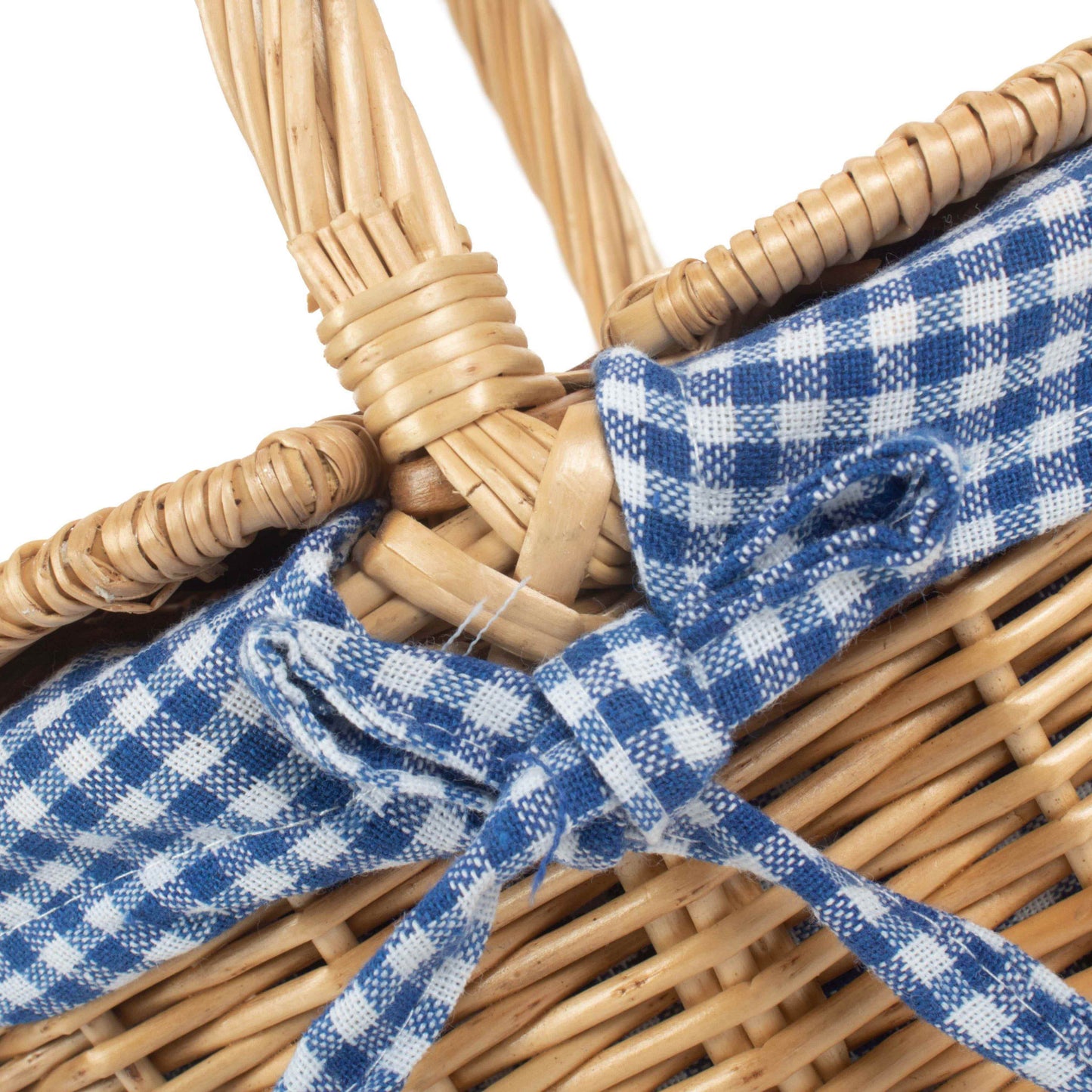 Child's Oval Lined Lidded Willow Picnic Hamper Basket with Blue & White Checked Lining