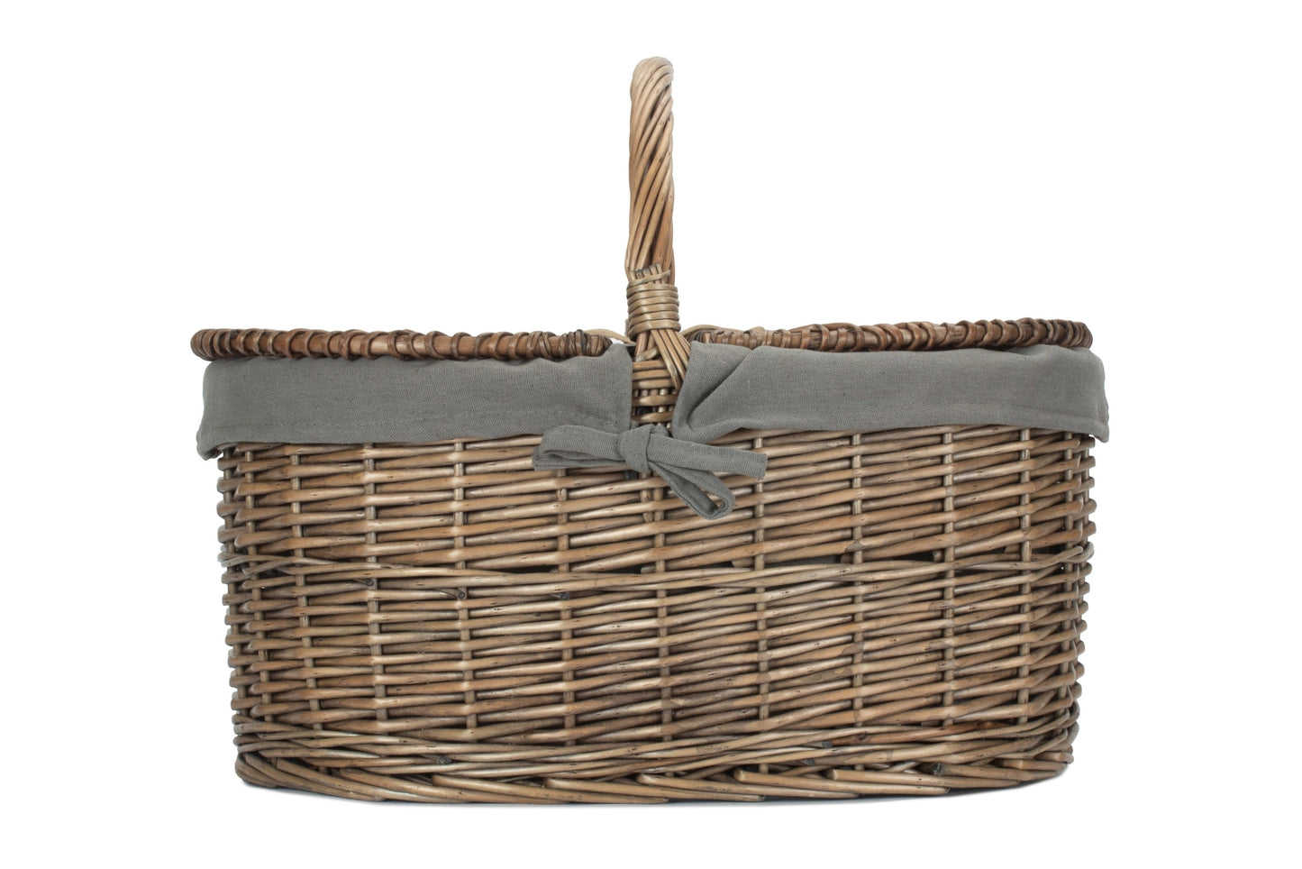 Deep Antique Wash Willow Oval Picnic Basket with Grey Sage Lining