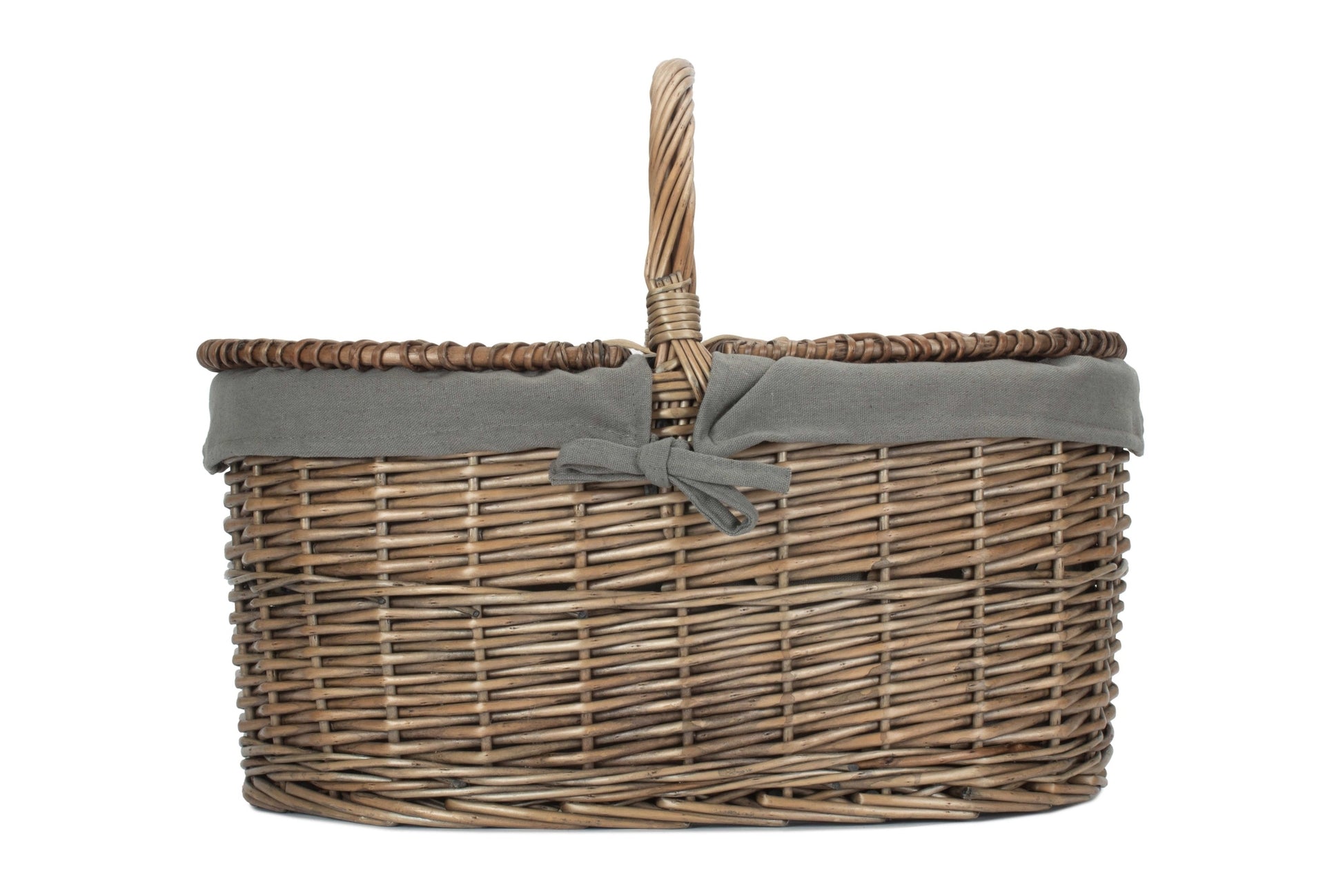 Deep Antique Wash Willow Oval Picnic Basket with Grey Sage Lining