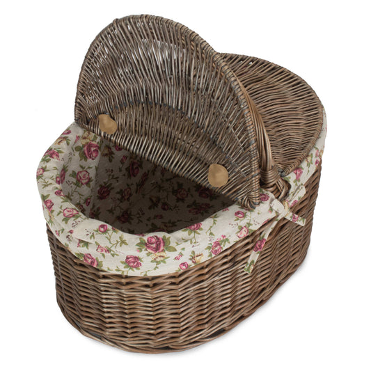 Deep Antique Wash Willow Oval Picnic Basket with Garden Rose Lining