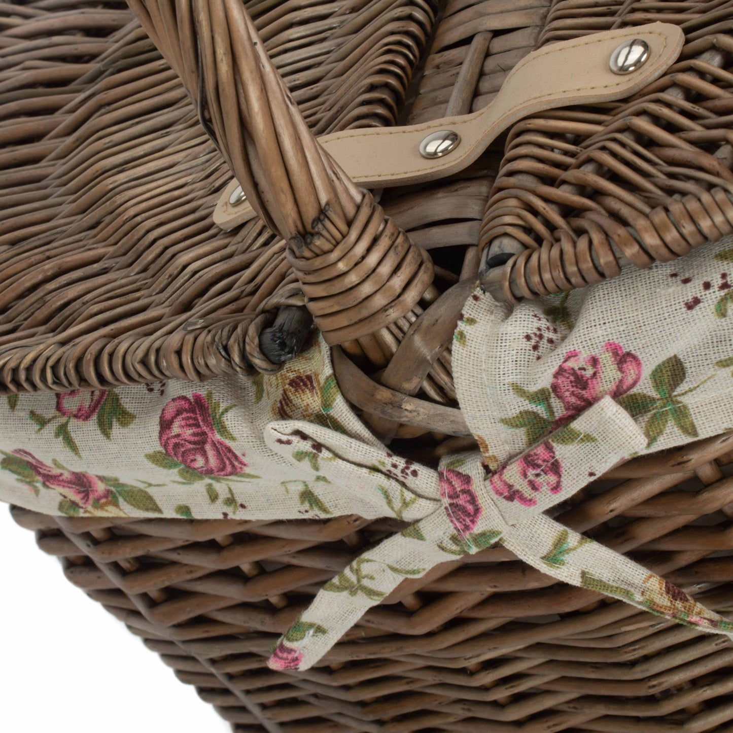 Deep Antique Wash Willow Oval Picnic Basket with Garden Rose Lining
