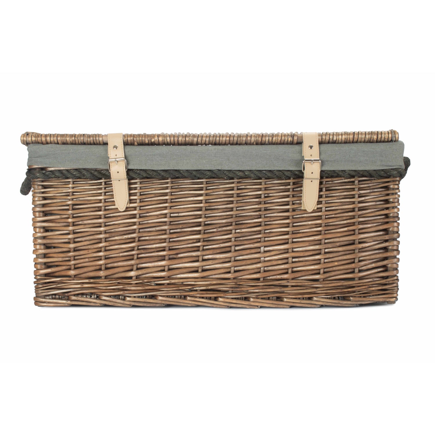 24 Inch Antique Wash Willow Rope Handled Trunk with Grey Sage Lining