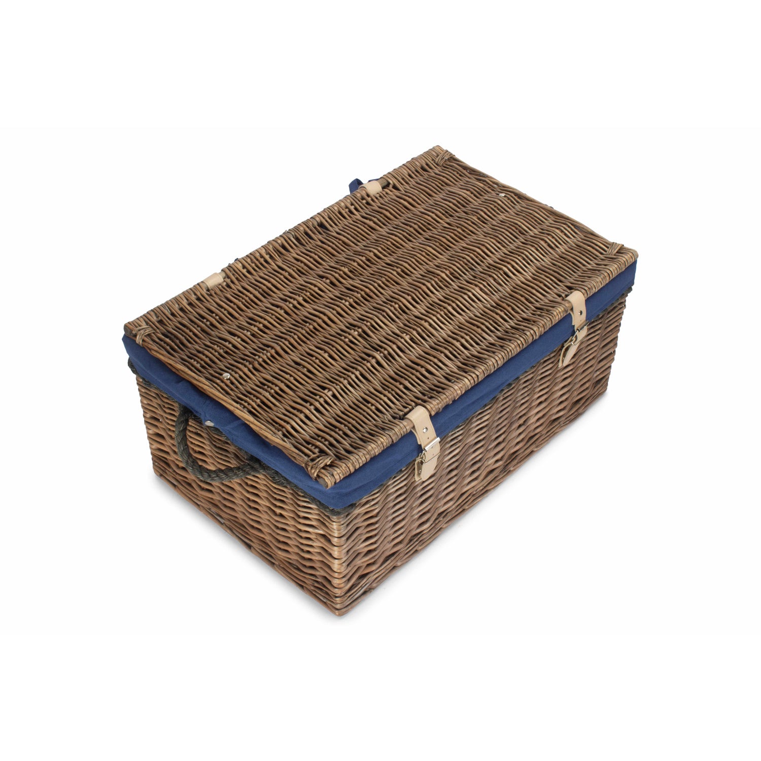 24 Inch Antique Wash Willow Rope Handled Trunk with Navy Blue Lining
