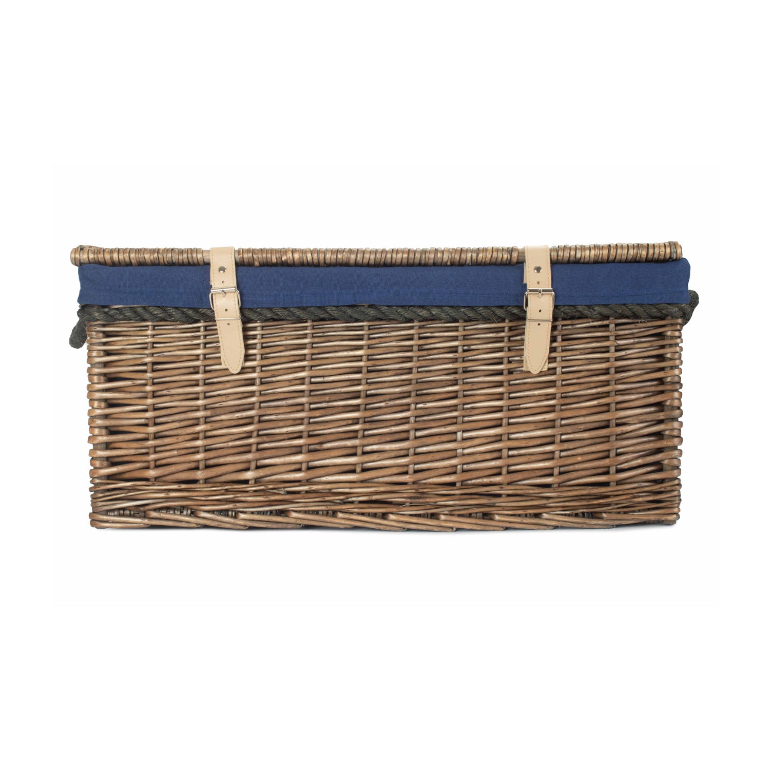 24 Inch Antique Wash Willow Rope Handled Trunk with Navy Blue Lining