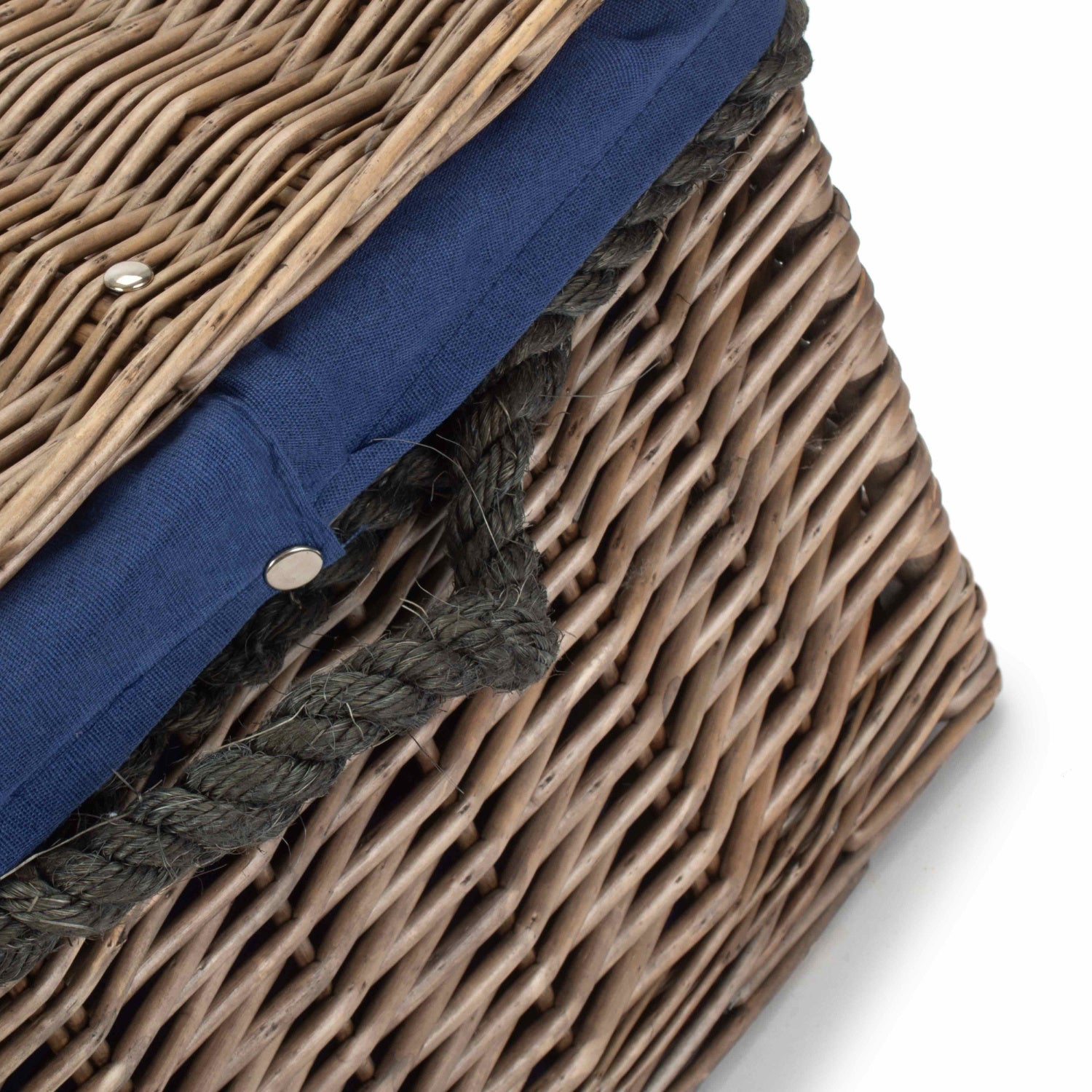 24 Inch Antique Wash Willow Rope Handled Trunk with Navy Blue Lining