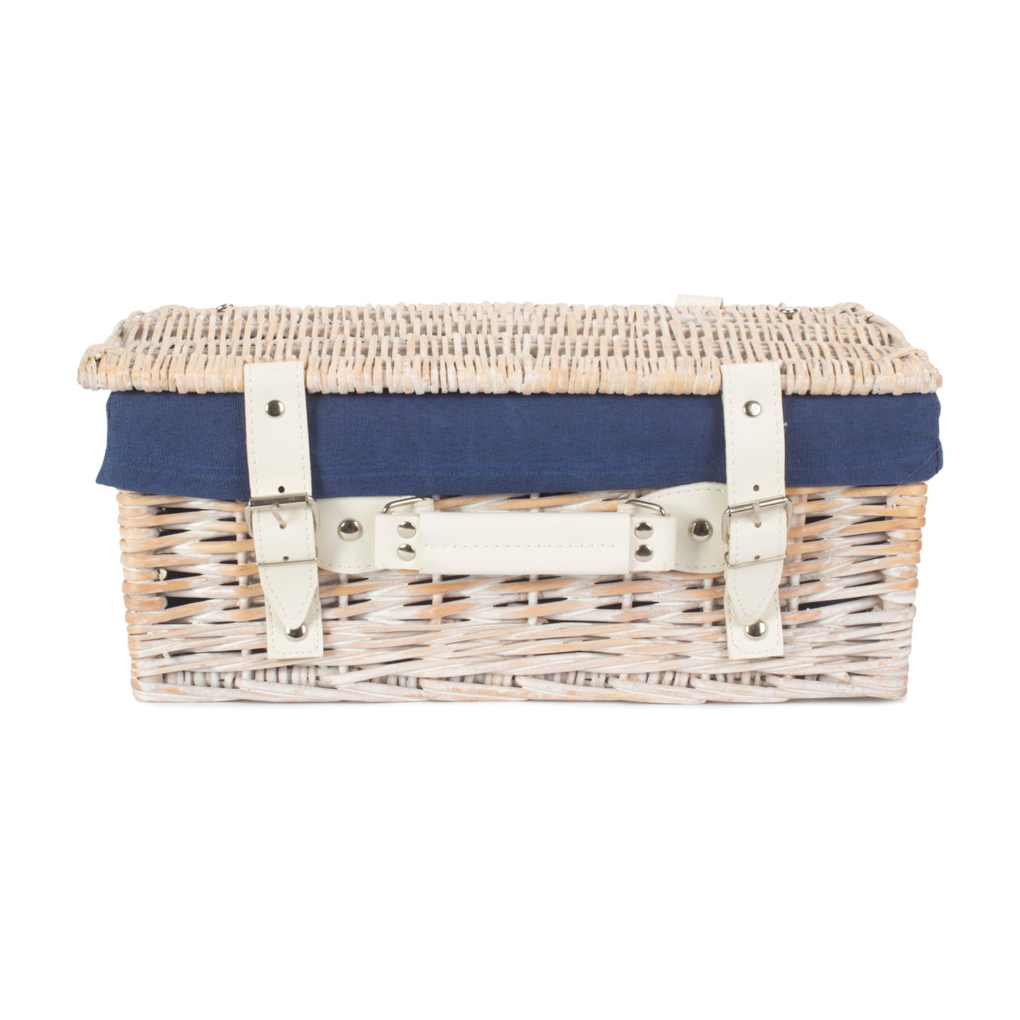 14 Inch White Wash Willow Hamper with Navy Blue Lining