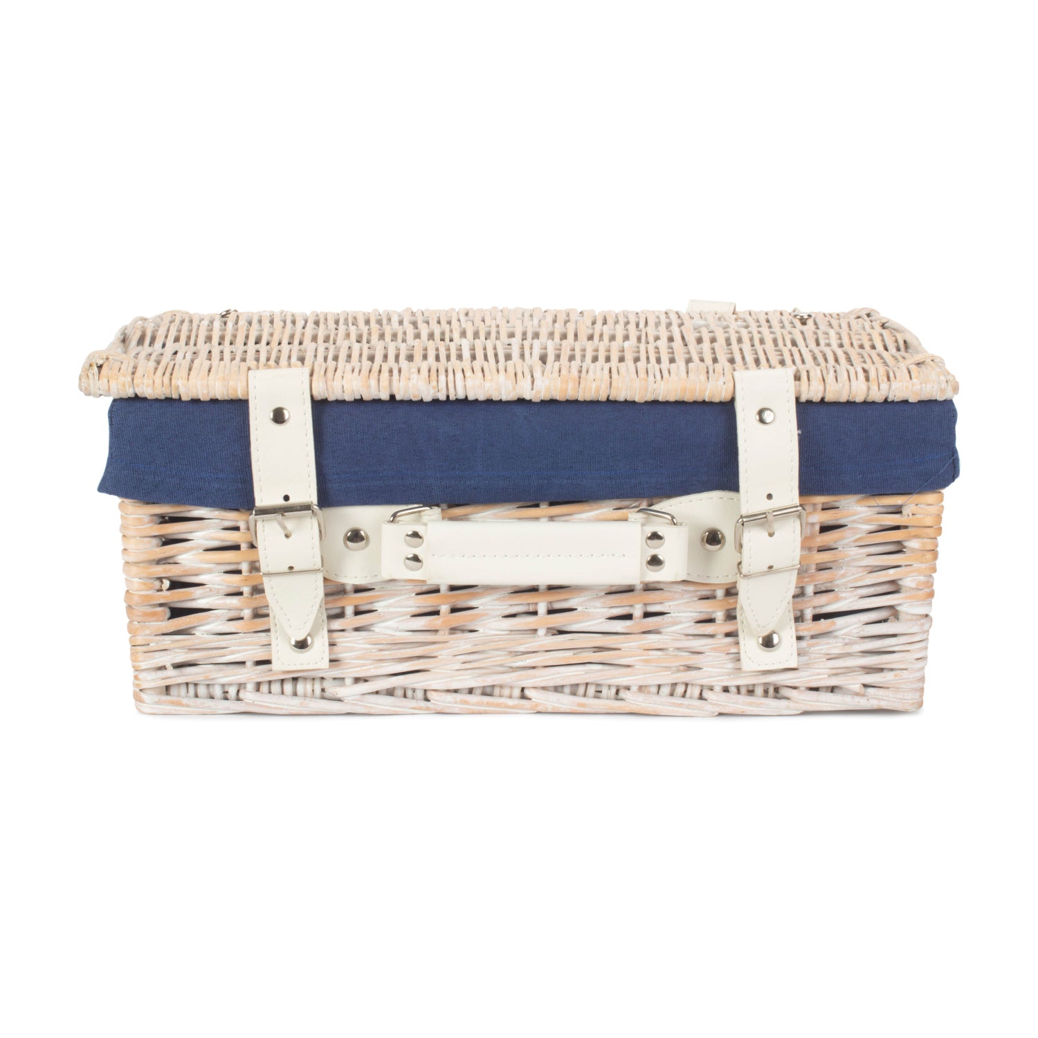 14 Inch White Wash Willow Hamper with Navy Blue Lining